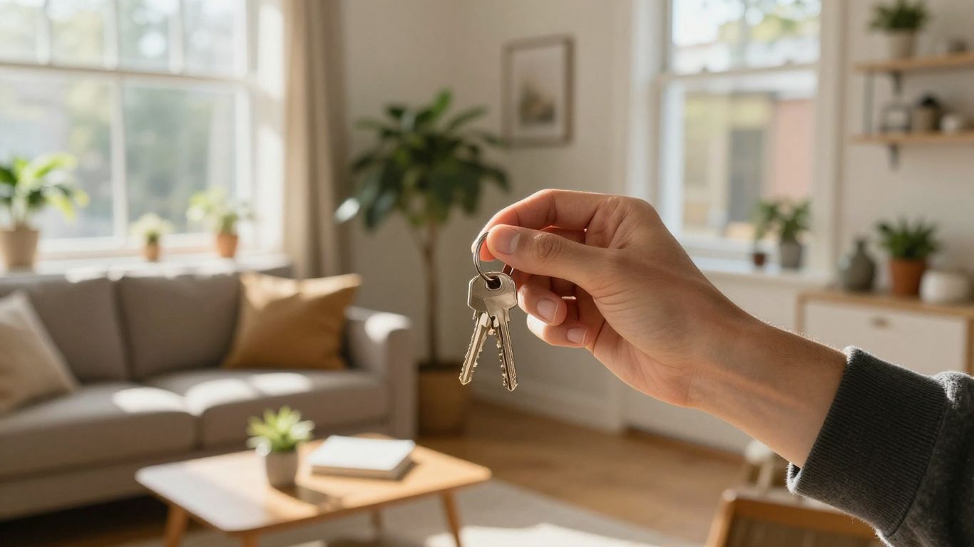 Persona feliz con llaves frente a un apartamento acogedor.