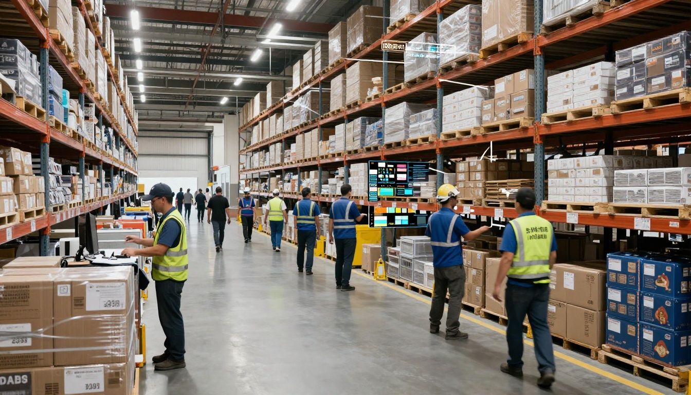 A dynamic view of a busy warehouse with digital overlays showing workers being redirected to different tasks in real-time.
