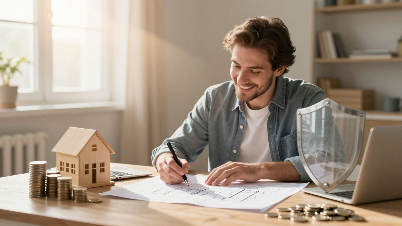 Casa con escudo protector y monedas, seguro de hogar.