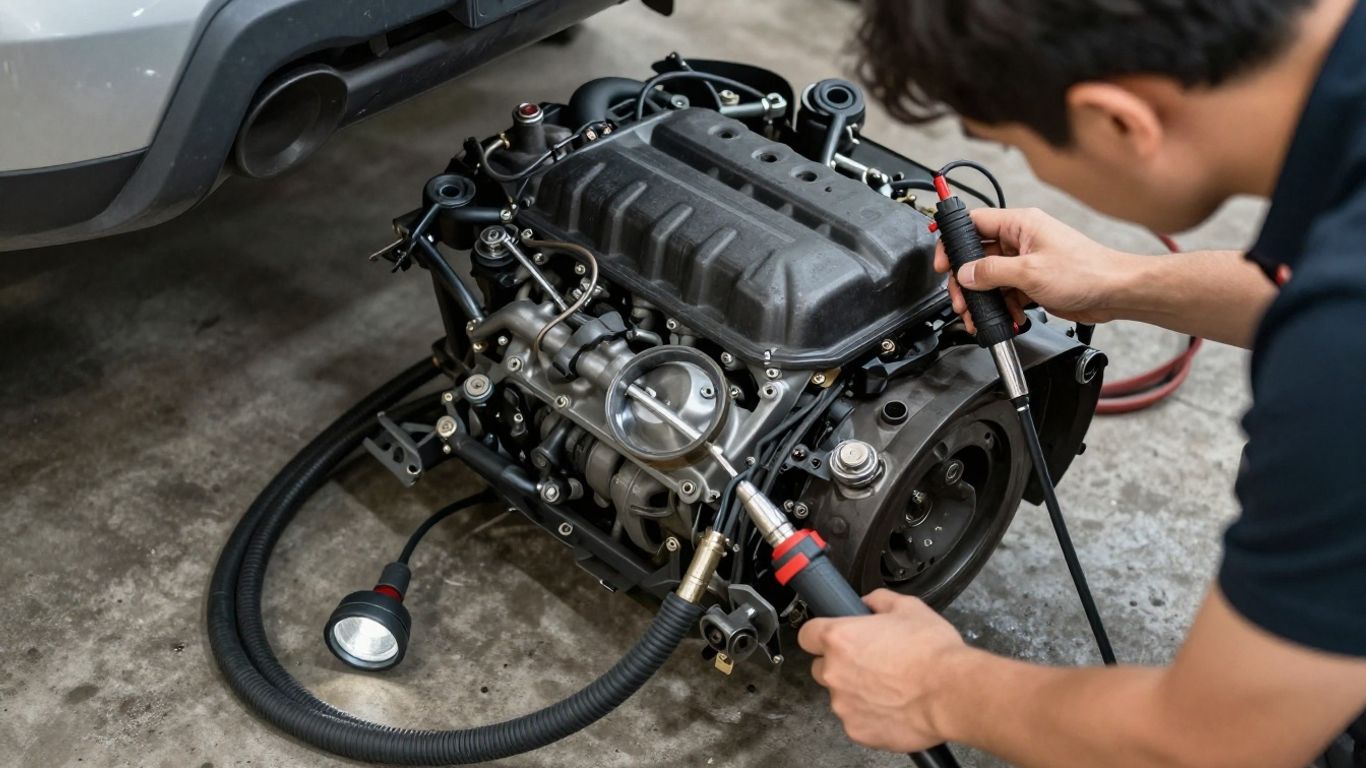 Engine inspection beside workshop testing equipment