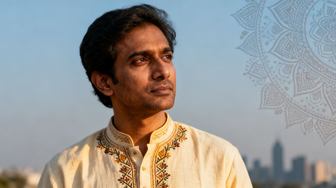 Indian poet's thoughtful portrait, blending tradition and modernity.