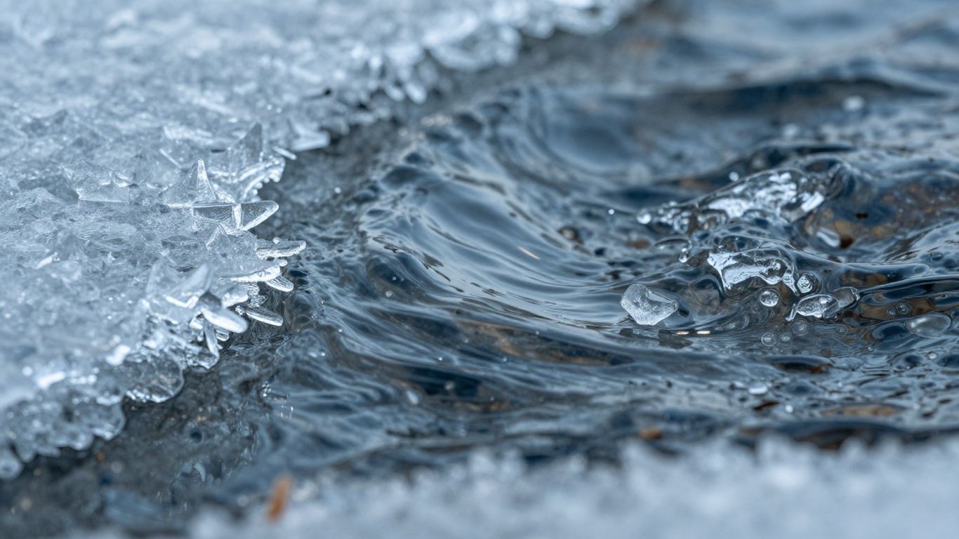 Cristales de hielo y agua líquida en movimiento.