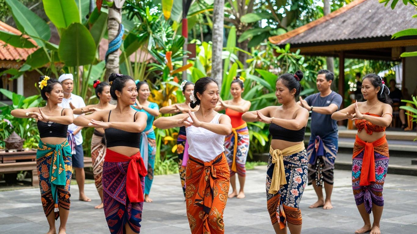 People enjoying a vibrant festival in a lush tropical setting.
