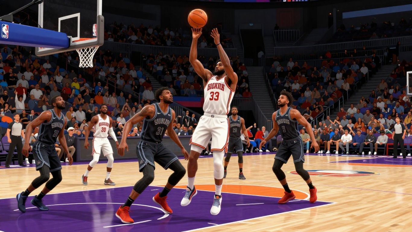 NBA game action with players and a glowing basketball.