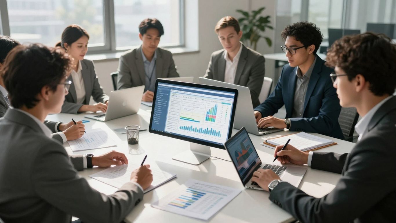 Modern finance professionals working with digital interfaces.