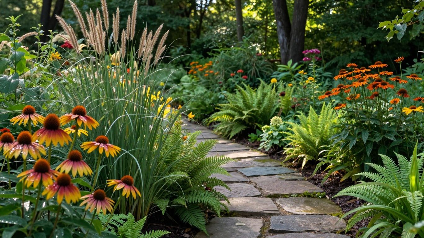 Minnesota garden with native plants, grasses, and flowers.