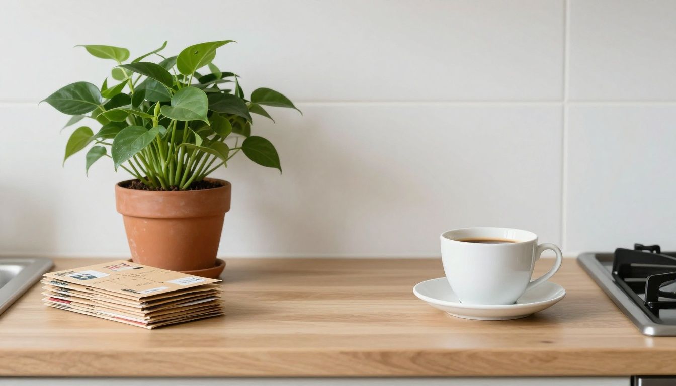 A neat and tidy kitchen counter with a healthy green plant, a small stack of sorted mail, and a cup of coffee, symbolizing peace and order restored in a home.
