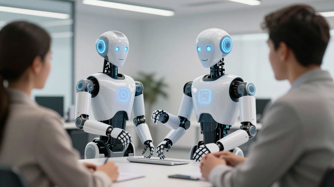 Robot assistant et client dans un bureau moderne.