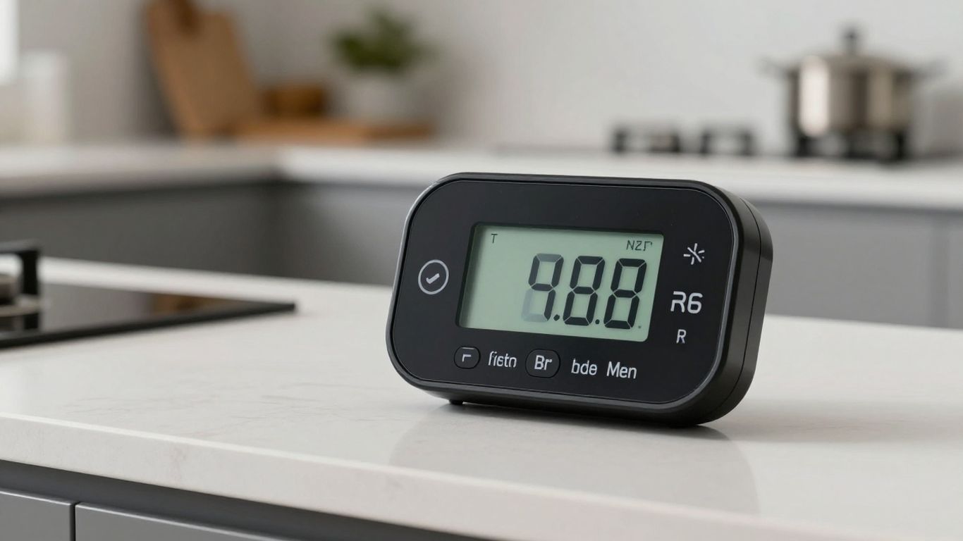Kitchen countertop with a fast-ticking stopwatch.