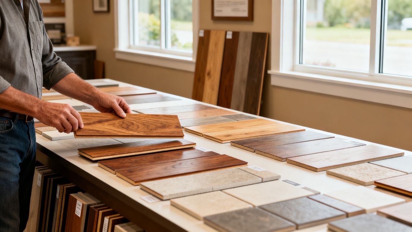 Flooring samples arranged beside a welcoming showroom display