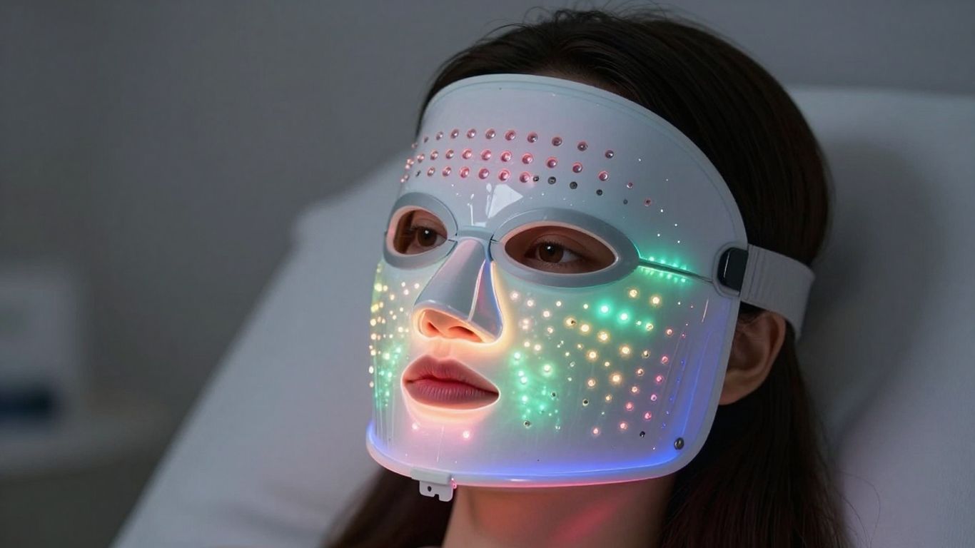 Frau mit leuchtender Lichttherapie-Maske im Gesicht