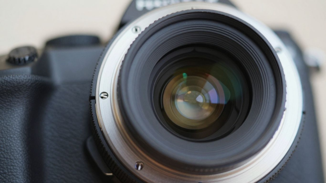 Camera lens close-up with blurred background.