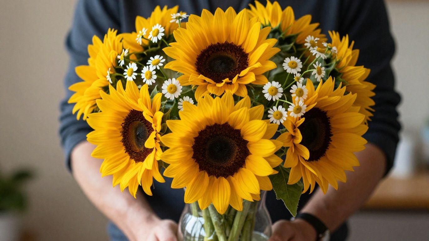 Man holding a bouquet of sunflowers and daisies.
