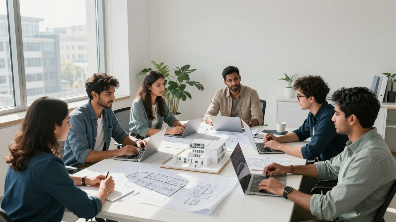 Team planning in a modern office with blueprints.