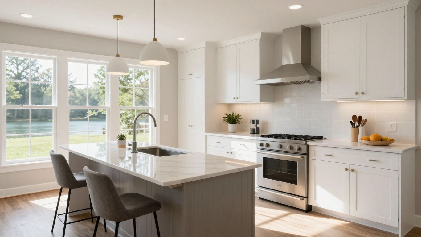 Modern kitchen remodel with new cabinets and countertops.