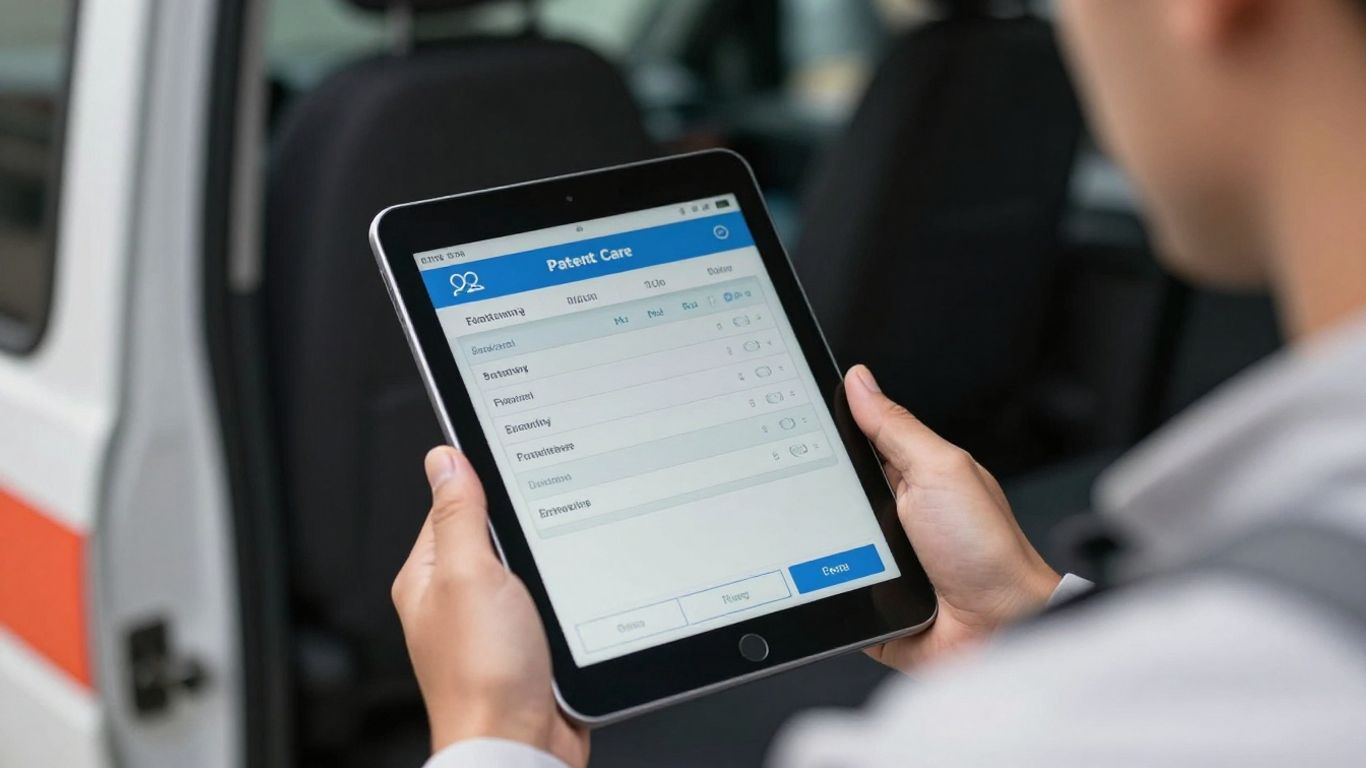 Paramedic using tablet for electronic patient care report