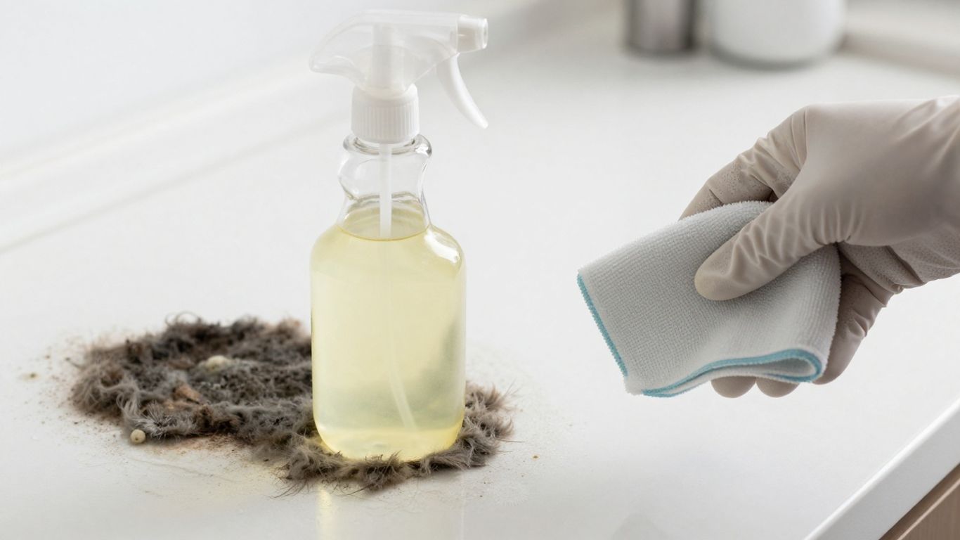 Ammonia spray bottle and mold on a surface.