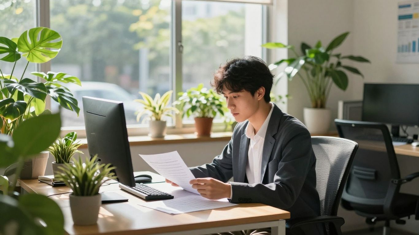 Person working in a bright, plant-filled office.