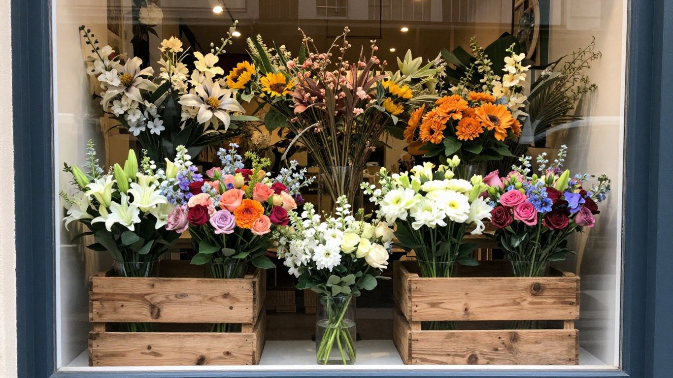 A vibrant floral shop window display