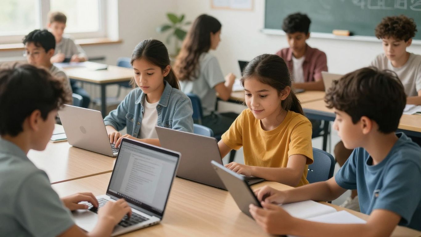 Students using laptops and tablets in a modern classroom.