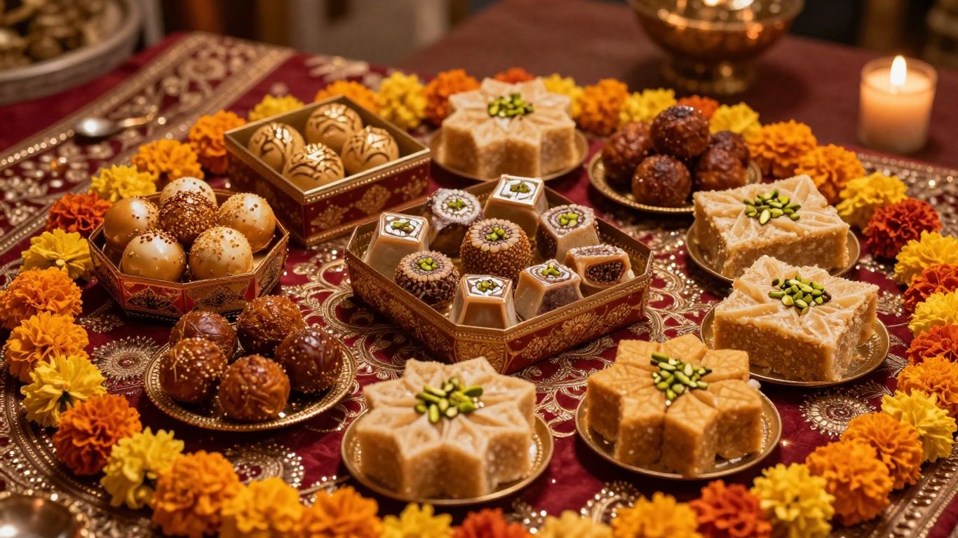 Colourful Diwali sweets arranged for gifting