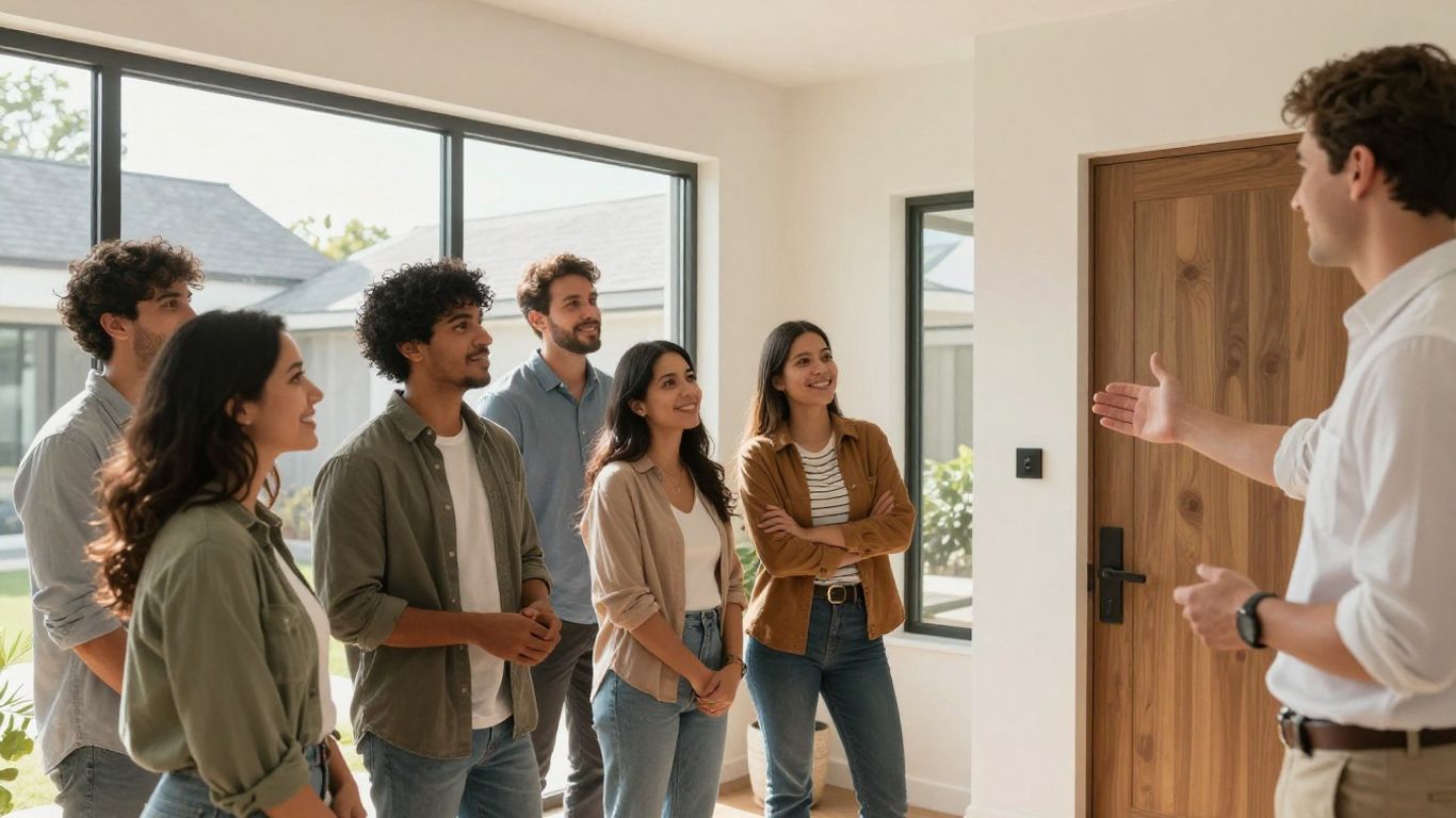 Happy people viewing a modern dream home with an agent.