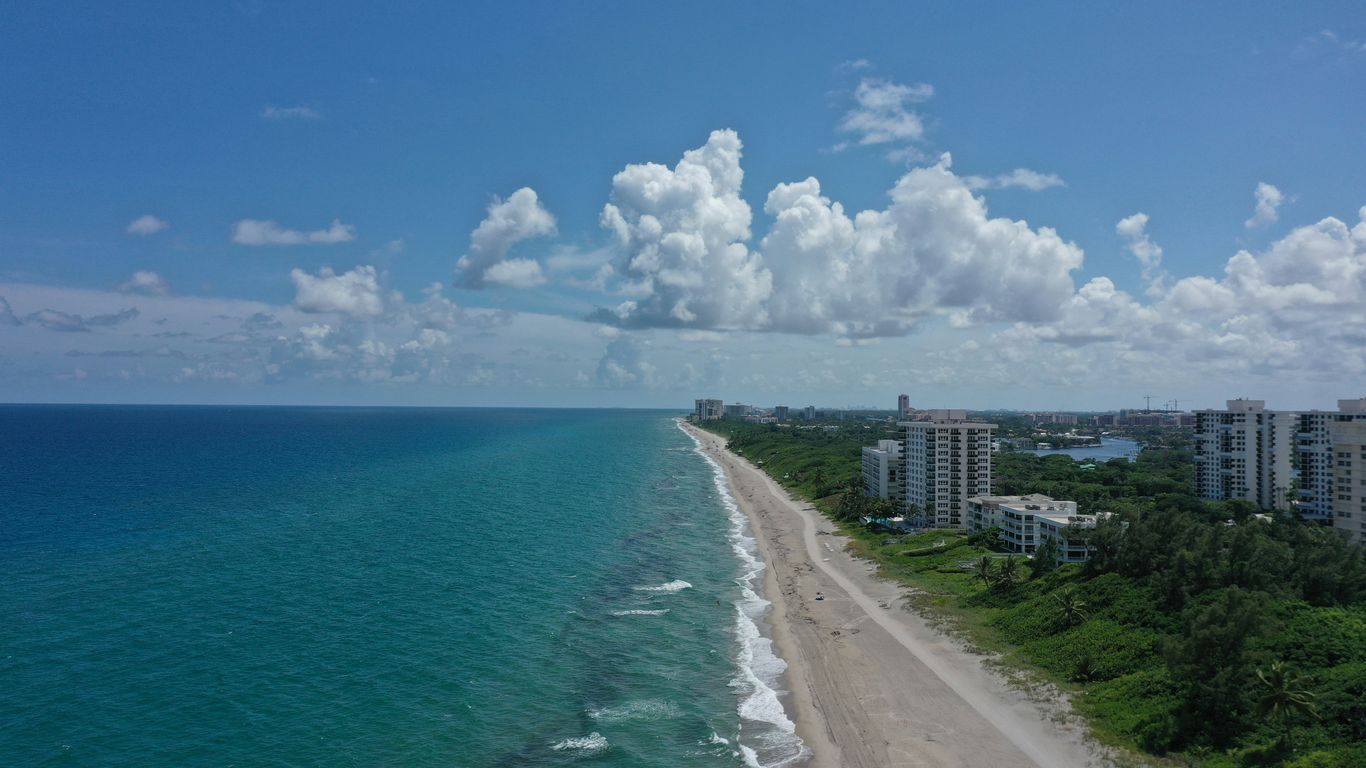 An aerial view of a beach and the ocean