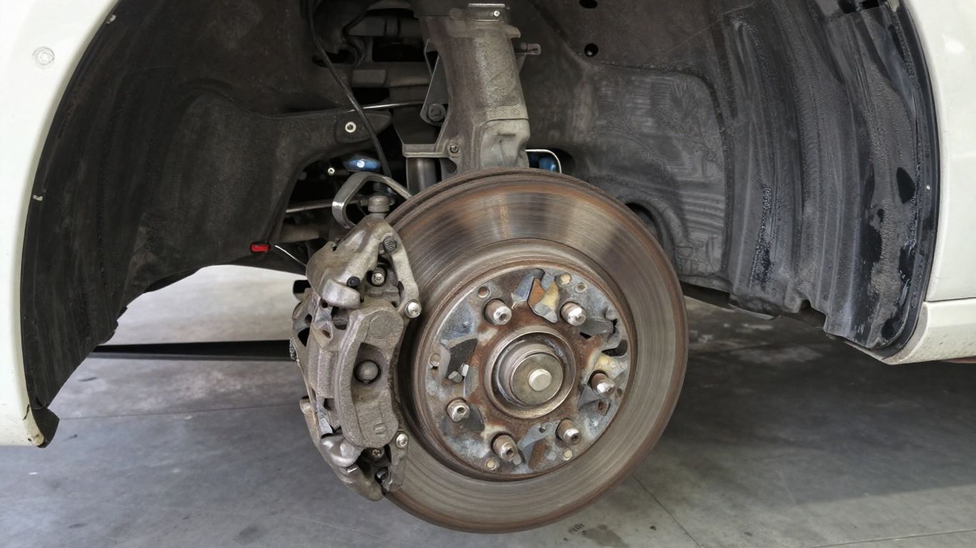 Mechanic inspecting a worn brake caliper