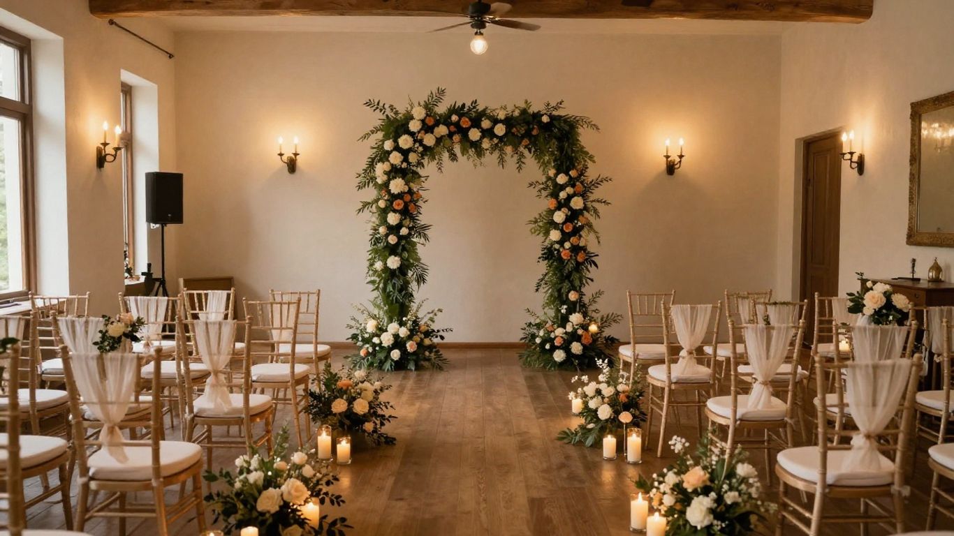 Intimate indoor wedding venue with floral decor and soft lighting.