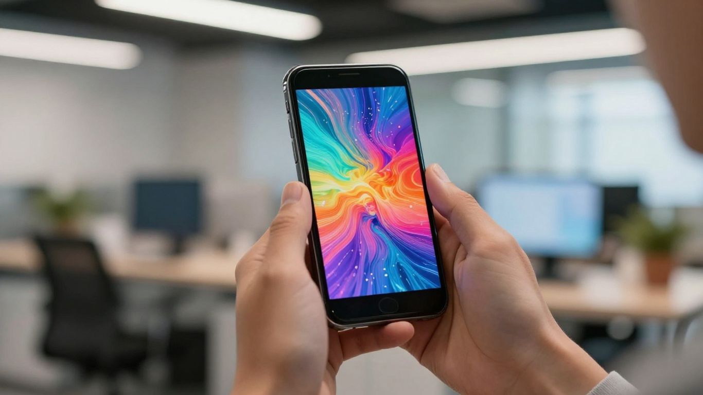 Hands holding smartphone with digital landscape
