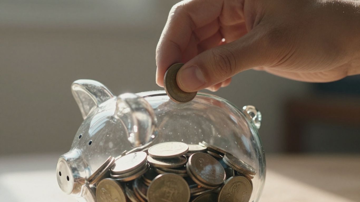 Mână depunând monede într-un porc de economii transparent.