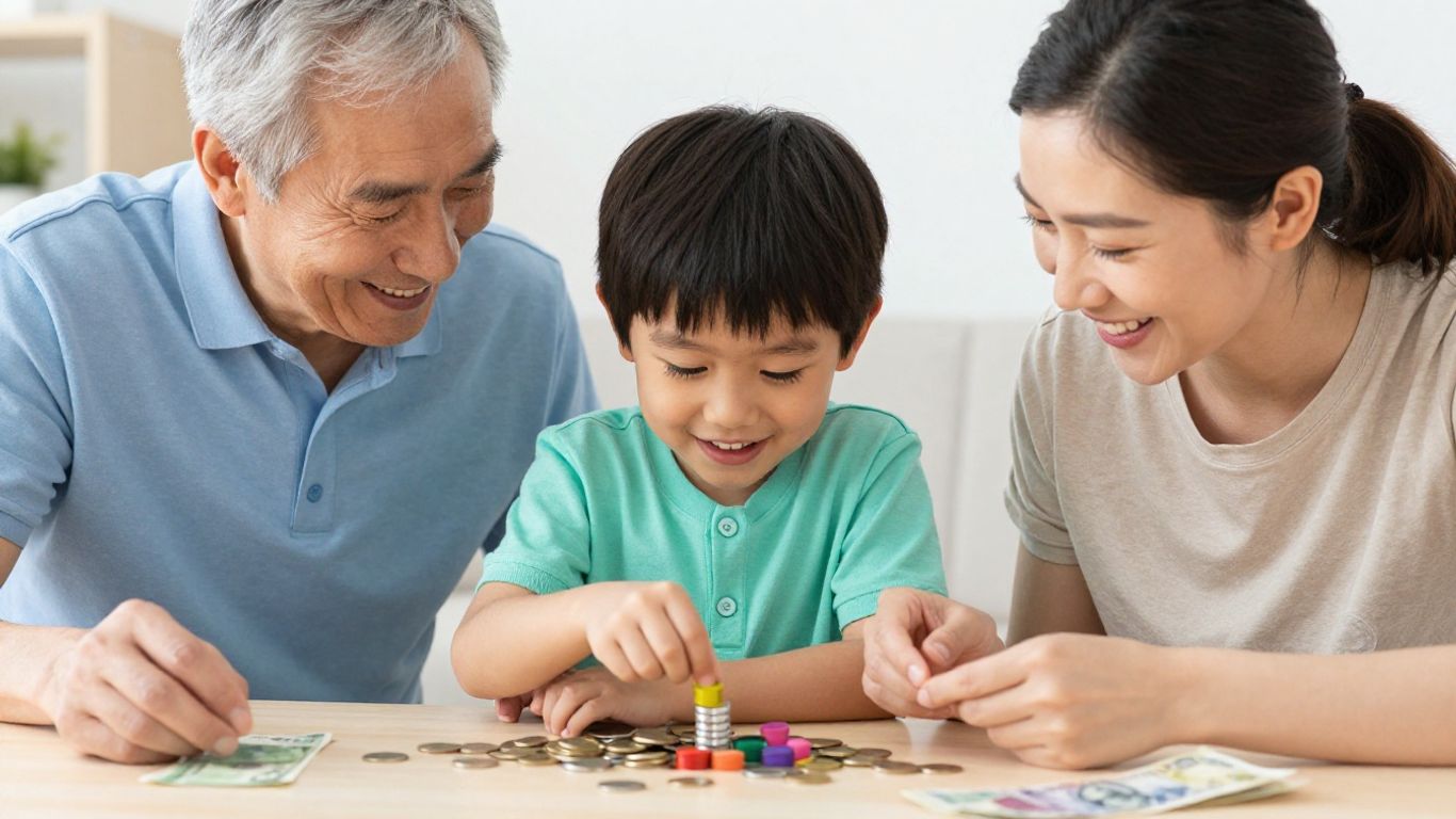 Niños aprendiendo sobre dinero y presupuesto familiar.