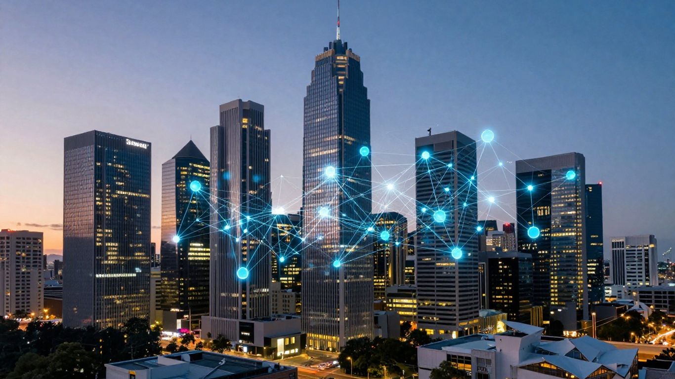 Modern cityscape with digital network lines connecting shapes.