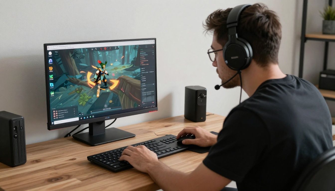 Um gamer focado jogando um título clássico em um notebook simples
