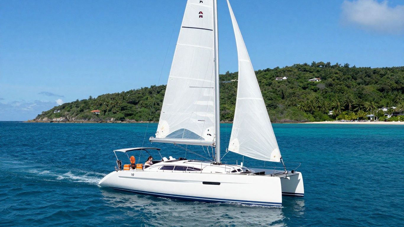 Moorings 4600 catamaran sailing in tropical waters.