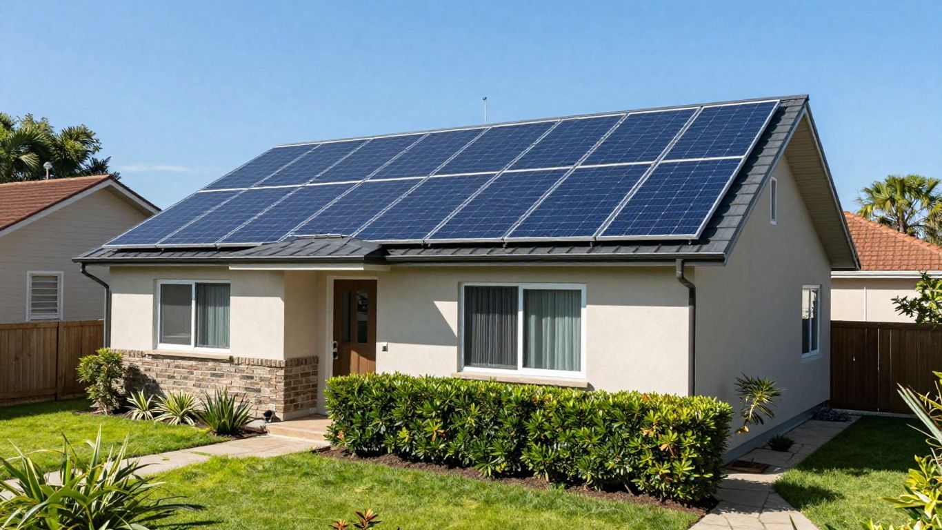 House with solar panels on roof under sunny sky.