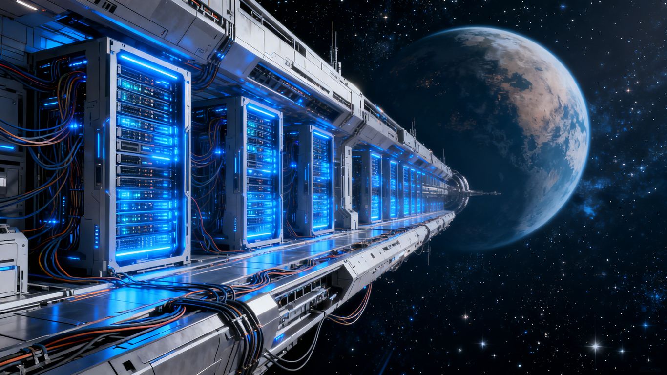AI data centre orbiting a planet in space.