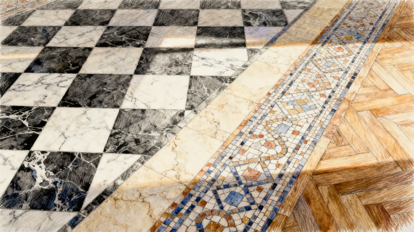 Classic tile patterns across a marble floor