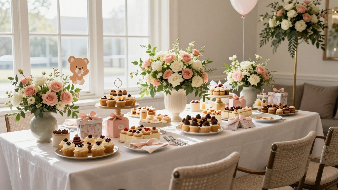 Elegant Dallas baby shower venue with decorations and gifts.