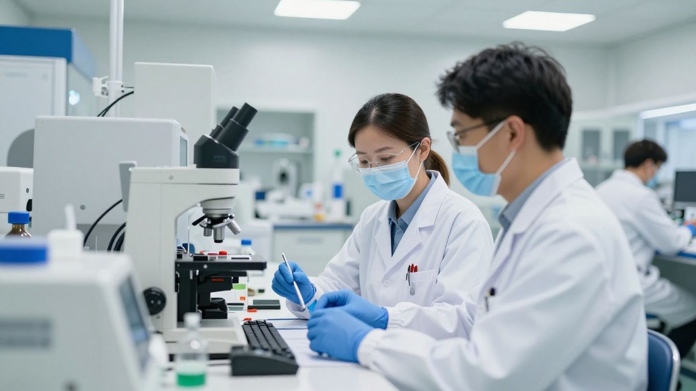 Scientists working in a modern Alzheimer's research lab.
