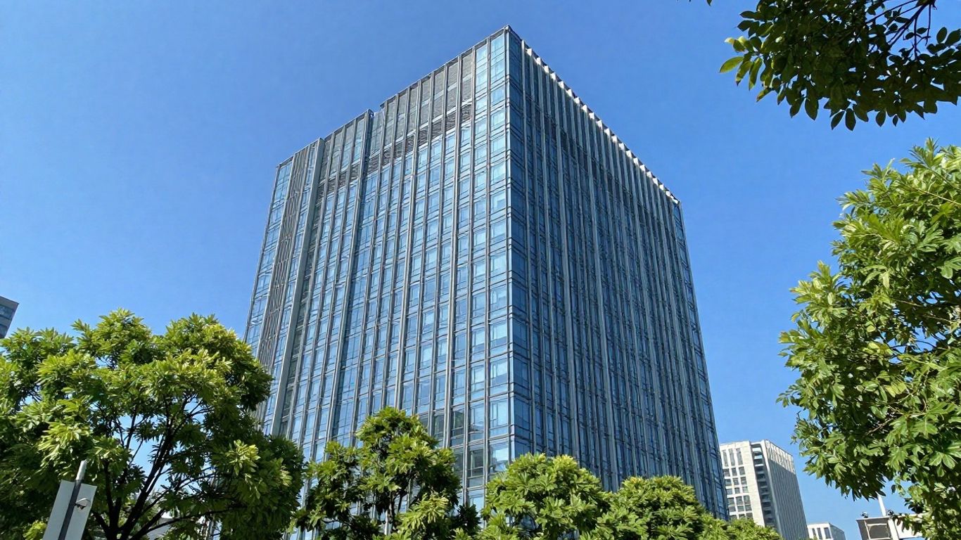 Edificio corporativo moderno con cielo azul.