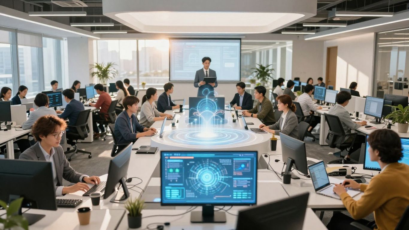 Business professionals collaborating around a digital interface.