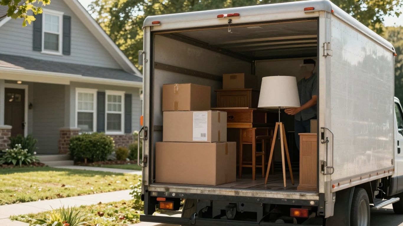 Moving truck loaded with belongings outside a house.