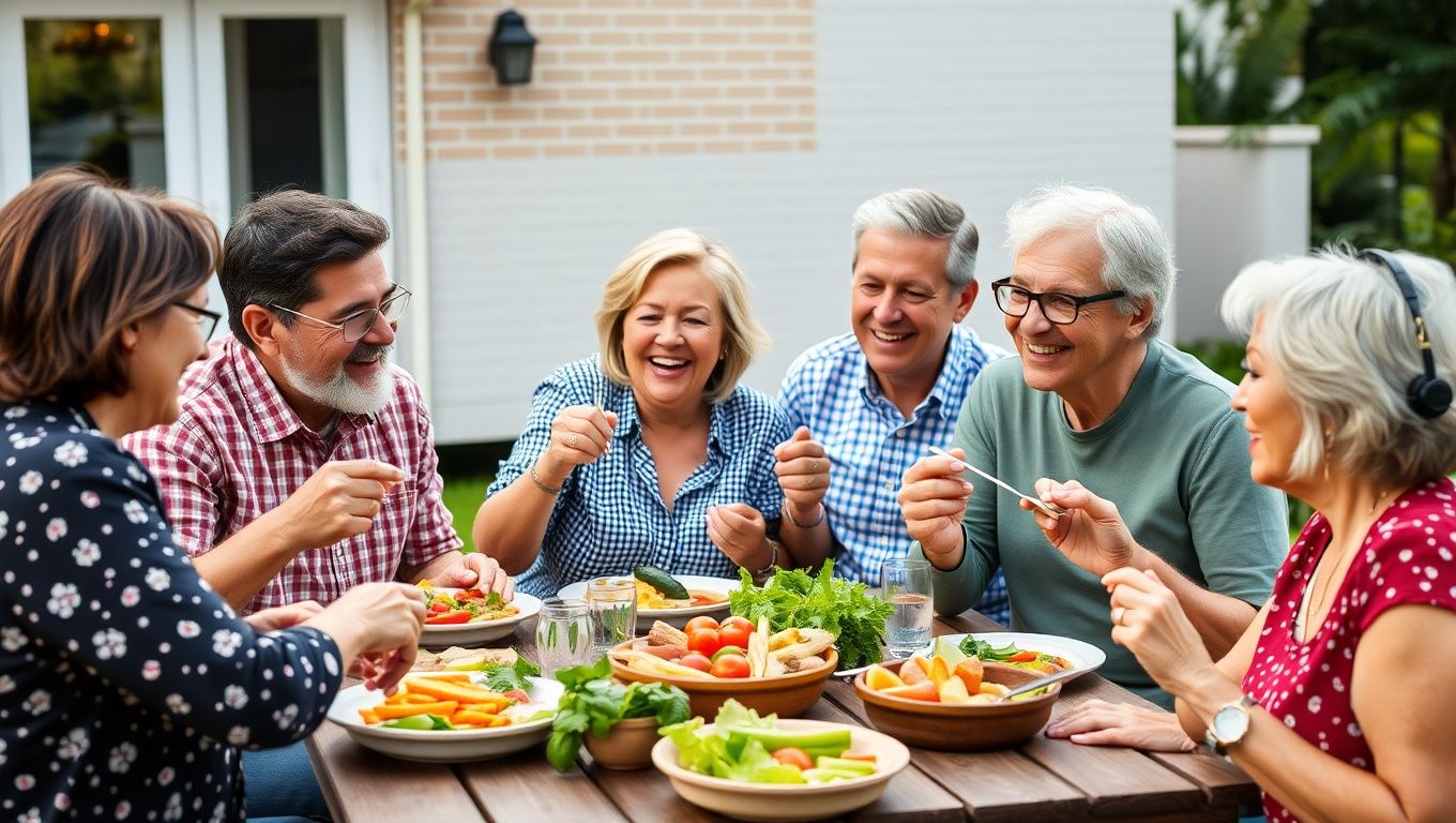 A diverse group of adults in their 40s and 50s enjoying a healthy meal together outdoors, looking vibrant and energetic