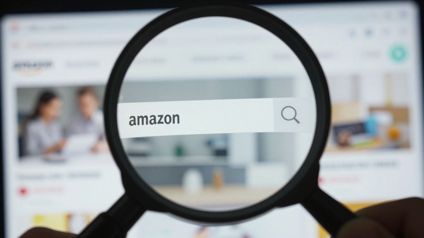 Magnifying glass over Amazon search results.