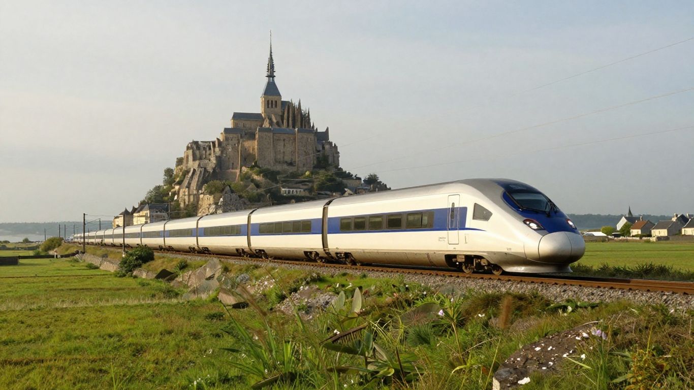 Train crossing French countryside toward Mont Saint Michel