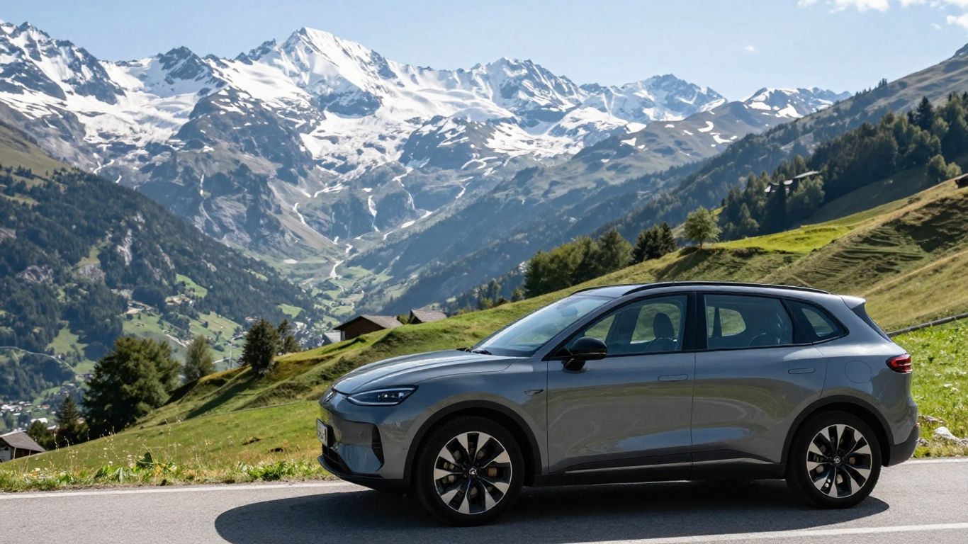Auto auf Schweizer Bergstraße mit schneebedeckten Gipfeln.