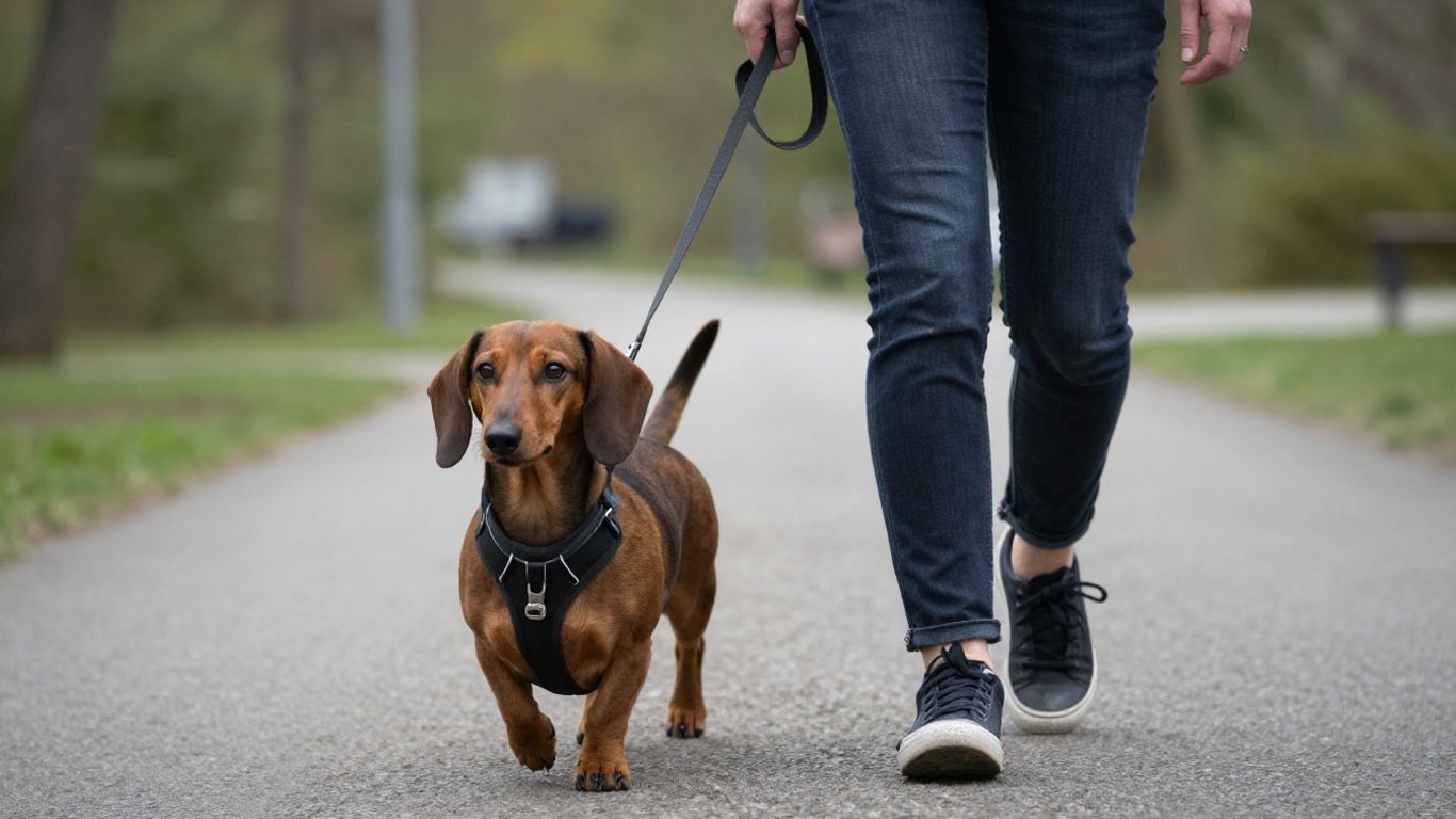 Dackel lernt an der Leine zu gehen