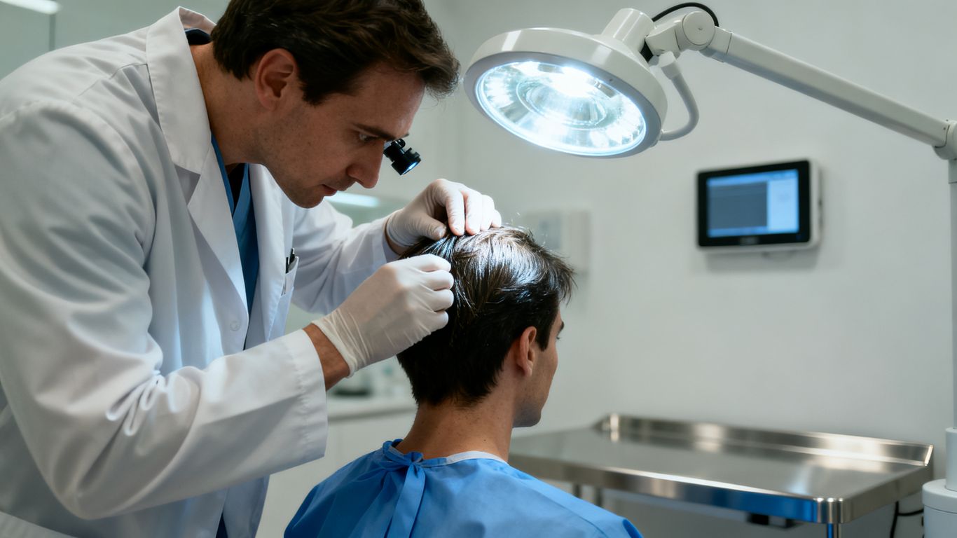 A dermatologist examining a patient scalp