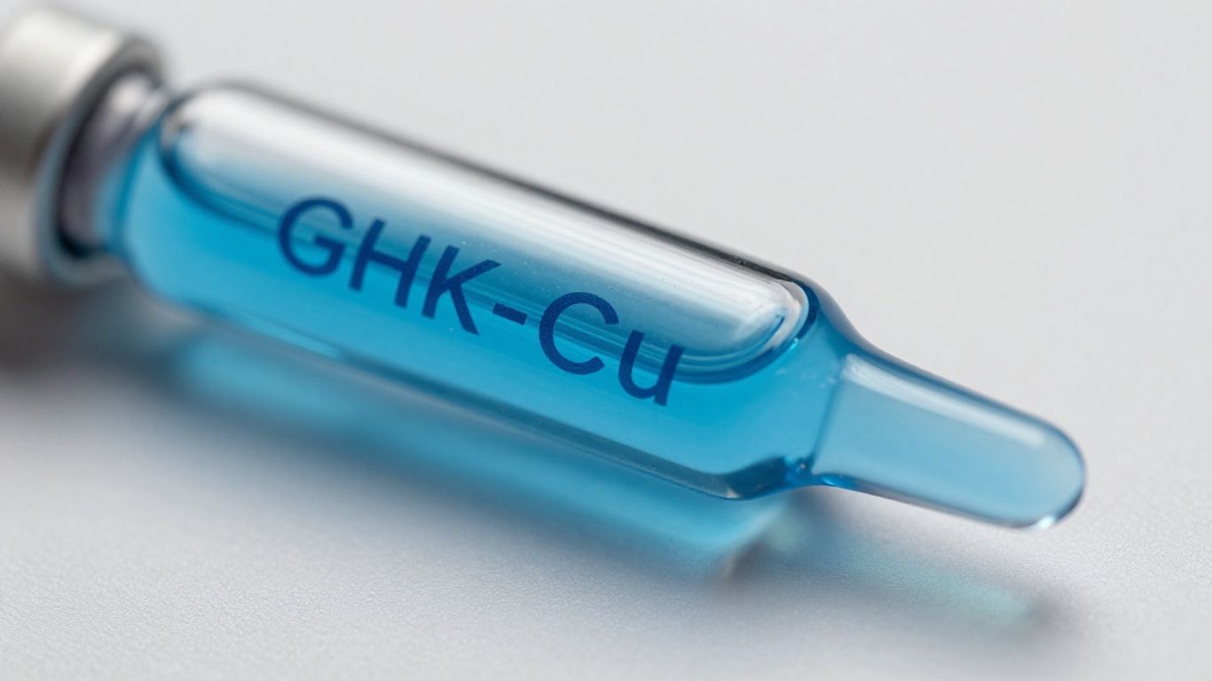 Blue GHK-Cu peptide vial on a clean surface.